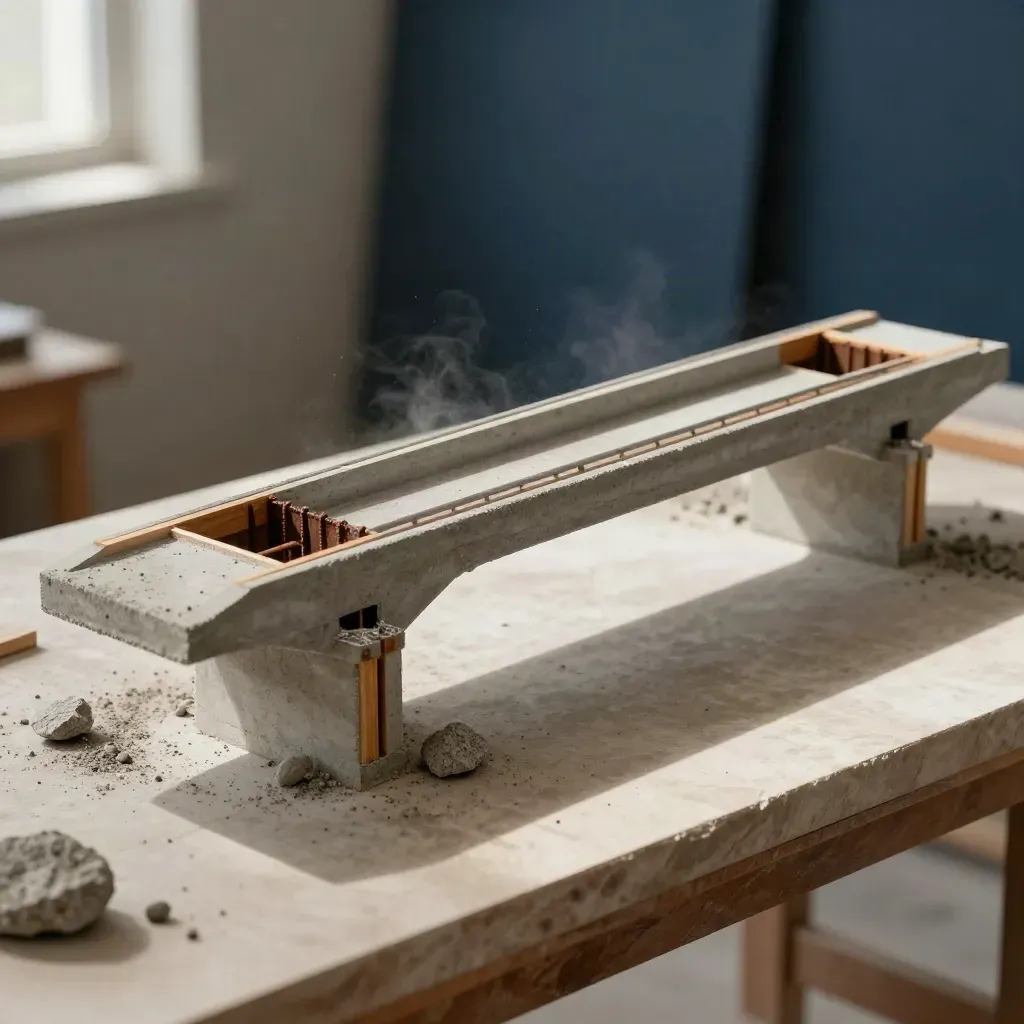Modello di ponte in cemento armato con armature, casseri in legno e aggregato su banco di pietra.