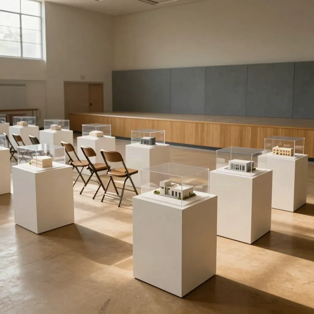 Salone di orientamento vuoto con plinti modello, sedie piegate e luce calda del pomeriggio.