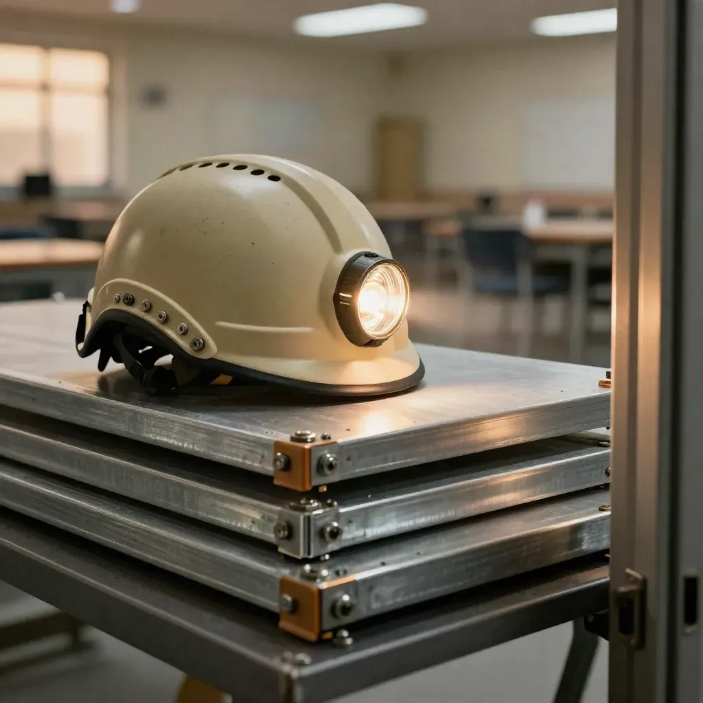 Dettaglio macro di casco, lampada d’ispezione e campioni tecnici in aula serale.