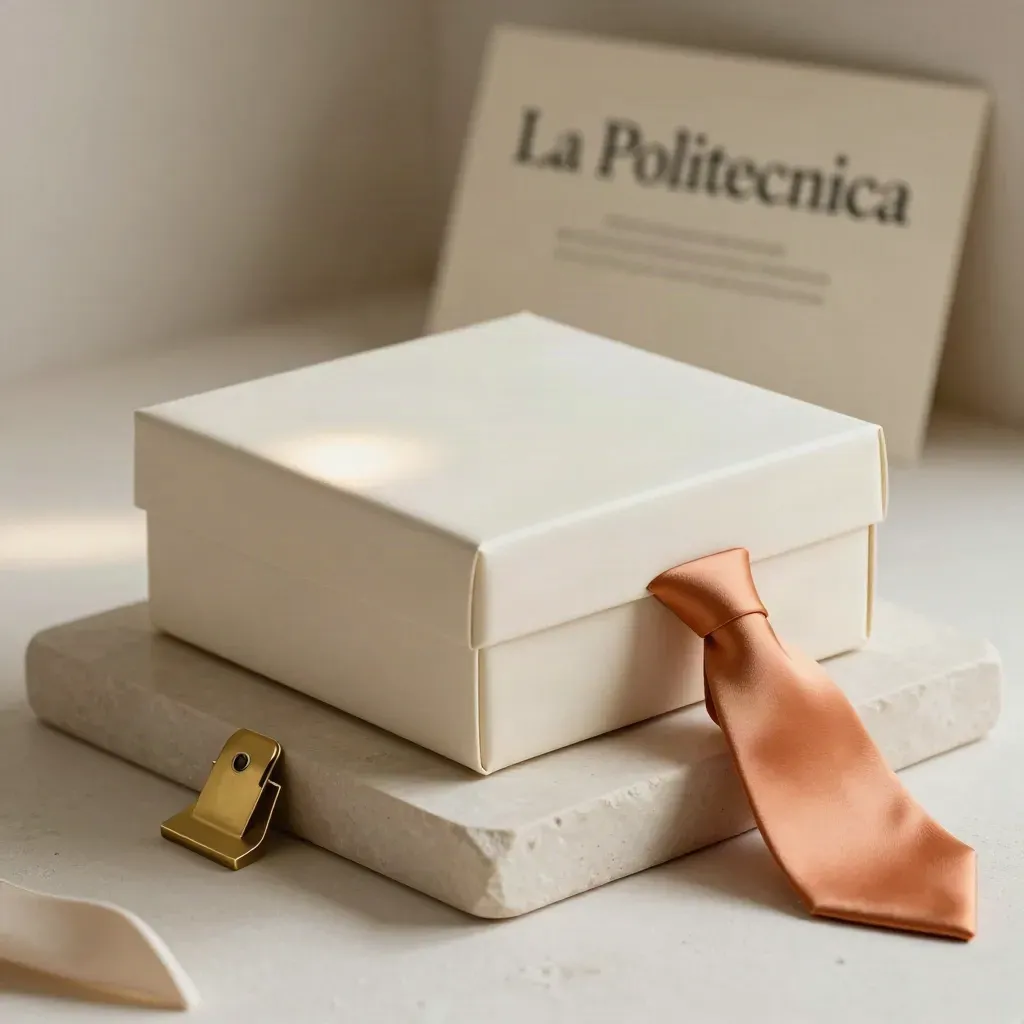 Scatola di presentazione sigillata, plinto modellino e clip in ottone su sfondo chiaro